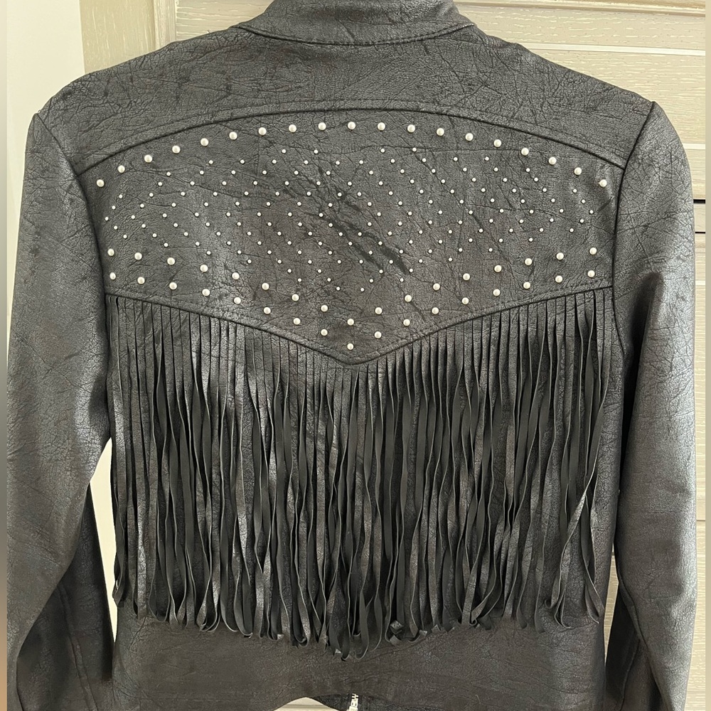 American Eagle black fringe moto jacket